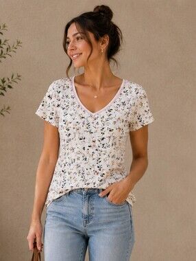 Fransa | 100% Cotton Floral V-Neck Short Sleeve Tee, Size M